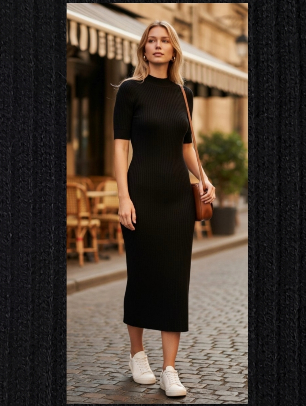 NWT Zara Large ribbed knit midi dress black cashmere blend mock neck pullover